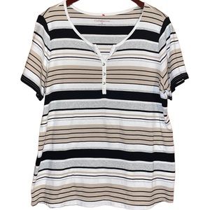 •CROFT & BARROW•WHITE AND NEUTRAL STRIPED BUTTON SHORT SLEEVE BLOUSE IN SIZE 1X